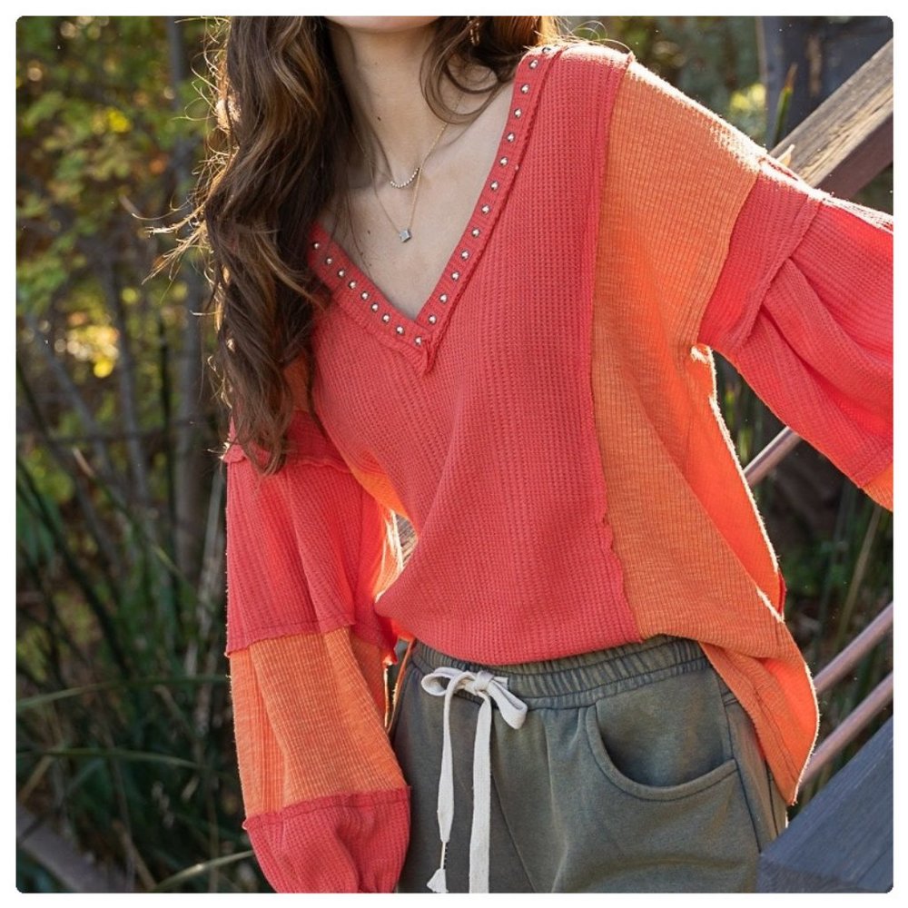 RE-STOCKED POL Raw Edge Color Block Top - Picture 6 of 15